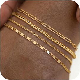 TEWIKY Waterproof Ankle 6PCS Bracelets Thiny Herringbone Box Paperclip Figaro Cuban Link Anklet Set Dainty Jewelry for Women Cute Summer Beach Jewelry For Mother's Day Gift:_4pcs set-A