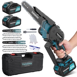 Velotrex Professional Mini Chainsaw Cordless 8 inch + 6 inch, Electric Chainsaw Cordless with 2x4000mAh Batteries, Upgraded Brushless chainsaw with Auto Oiler for Tree Branch Wood Cutting