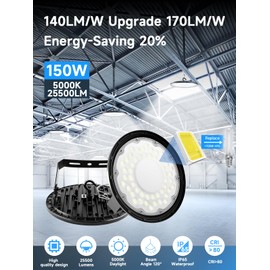 UFO LED High Bay Light: 150W 25500LM Led Shop Lights with 5ft Cord & U Bracket for Warehouse Workshop Commercial Use | 110v Warm White 5000k Commercial Lights | Plug & Play | IP65 Waterproof | 6 Pack