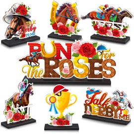Blosssound 7 Pcs Derby Party Decorations Horsing Racing Table Centerpieces Wooden Decoration Run for the Roses Table Signs Centerpieces Horse Decorations for Derby Festival Supplies