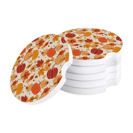 2 Pack Car Coasters for Cup Holder Absorbent Ceramic Drinks Coaster Set for Women/Men Red Pumpkin Marple Leaves Sandstone Car Accessory Fall Thanksgiving