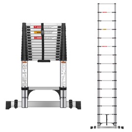 DEZEX 16.5 FT Telescoping Ladders Stainless Steel Telescopic Ladder - Multi-Button Retraction Collapsible Ladder for Home,RV,Loft, Lasts 375 LBS with 2 Triangle Stabilizers,Balance Bar and Wheels