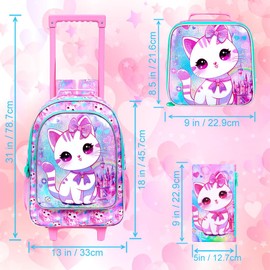 CCJPX 4PCS Rolling Backpack for Girls,Kids Cat Backpacks with Roller Wheels, Wheeled Bookbag with Lunch Box for Toddler Elementary School