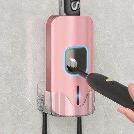 Toothpaste Dispenser, Smart Automatic Toothpaste Dispenser Wall Mounted for Bathroom, 3 Lavel Electric Toothpaste Dispenser for Kids, Toothpaste Squeezer w/ 2 Toothbrush Slots-Pink