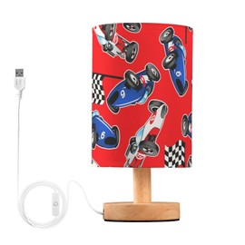 SPRIPORT Red White Blue Racing Cars Bedside Table Lamp for Bedroom Nightstand Lamp with Wood Base & Round Flaxen Fabric Shade Desk Reading Lamp for Reading Working Living Room Dorm Home Office