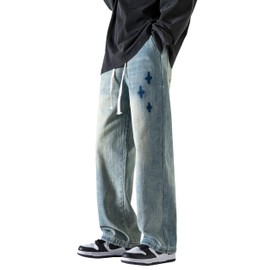 PRIJOUHE Mens Wide Leg Jeans Elastic Waist Baggy Jeans Casual Drawstring Denim Pants Trousers