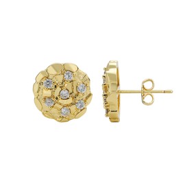 14K Gold Plated Nugget Earrings For Men,Unisex Roung Textured Cookie Nugget Stud,Cubic Zirconia Round Earrings Studs Gold (M(14mm))