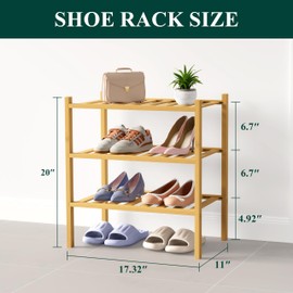 Smiry Bamboo Shoe Rack for Closet, 3 Tier Small Wooden Stackable Shoe Organizer, Free Standing Shoes Storage Shelf for Entryway, Front Door Entrance, Natural