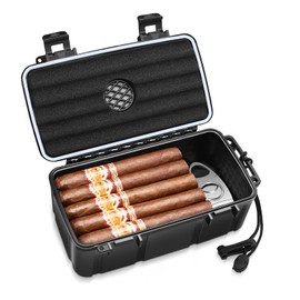 Flauno Travel Cigar Humidor - Portable Cigar Case with Cigar Cutter & Humidifier, Holds up to 15 Cigars, Waterproof, Crushproof, Airtight Seal, Durable