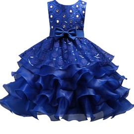 DreamHigh Wedding Flower Girl's Ruffles Lace Cute Bow Waist Evening Dress up Royal Blue 5-6 Years