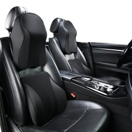 ZLOHPAE Memory Foam car Neck Pillow and Lumbar Support Pillow Set Breathable Removable Cover ergonomically Designed to Ease Neck and Back Pain (Black)