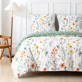 Tabeskly Kids Girls Green Leaves Yellow Red Floral flower Cute Soft Zipper Bed Bedding Duvet Cover Set Single White 135×200cm