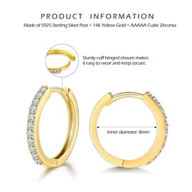 wynn's Silver Earrings for Women - S925 Sterling Silver Hoop Earrings | Gold Earrings for Women Girls, Cartilage Sleeper Earrings, Huggie Hoop Earrings with Cubic Zirconia, 8mm Gold Earrings