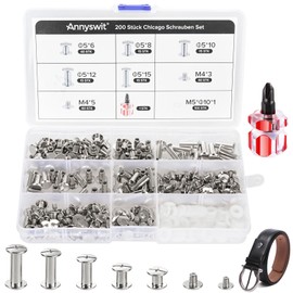 Annyswit 200 Pcs Chicago Screws with Screwdriver, 6/8/10/12/15mm Carbon Steel Book Screws, Chicago Screw for Leather Rivets, Metal Binding Rivets M4 for Leather Crafting and DIY Bookbinding Round