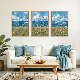 BICERE Large Nature Seaside Flowers Framed Canvas Wall Art,Coastal Wildflower Wall Decor,Abstract Floral Wall Painting,Colorful Botanical Artwork for Living Room,Bedroom,Dining Room,Office -16"x24"x3