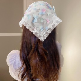 Butterfly Chiffon Hair Bandanas Triangle Floral Hair Scarf Headband Print Lace Head Kerchief for Women Girls(2 Pcs) (White, One size)