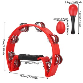 SENENQU Set of 2 Half Moon Tambourine, 25 cm Adult Tambourine Hand with 40 Metal Bells - Double Row Hand Tambourine for Musicians, Singers, Music Lessons and Groups - Red