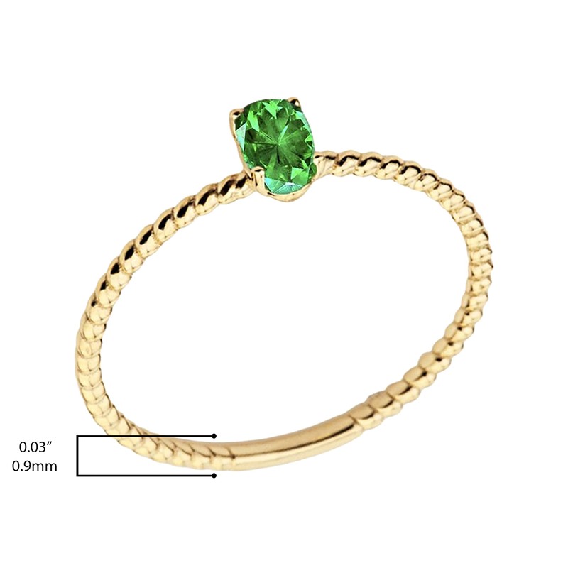 10K Yellow Gold Oval Emerald Twist Band Solitaire Stacking Ring,