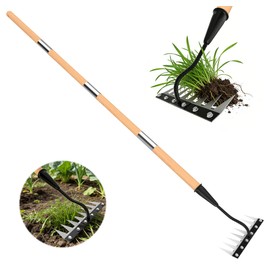 ATLRGISL Iron Weed Rake with Wooden Long Handle 2.0, 8 Teeth Weed Puller Tool Heavy Duty, Manual Gardenia Weeding Rake Tool for Yard, Lawn and Garden, 71Inch