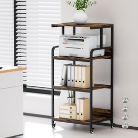 Vokumba Printer Stand with 4 Shelves, Mobile Printer Table for Home Office, Large Printer Cart for Small Spaces, for Computer Tower/CPU/Shredder (Rustic Brown)