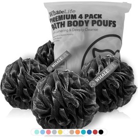 WhaleLife - Paquete de 4 esponjas de baño negras para ducha, puf de bolas de bambú natural, malla de carbón de bambú a granel, tamaño grande, para el cuidado de la piel esencial de la ducha