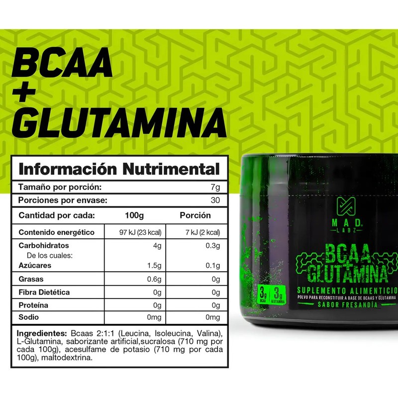BCAA Glutamina MAD LABZ 210g Sabor Fresandia 30 Servicios Deportivo