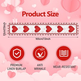 Valentine's Day Heart Table Runner 72 x 13 Inch Decorations, Red Linen Burlap Hearts Pattern Table Cover for Romantic Special Night, Anniversaries, Engagement, Kitchen Dining Fireplace Mantel Decor