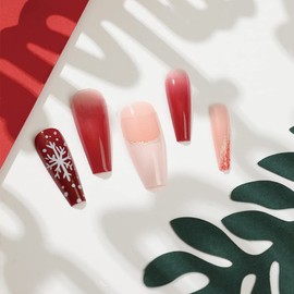 Christmas Press on Nails, Melous Long Coffin Nails Red White Snow 24 False Nails Full Cover Fake Nails