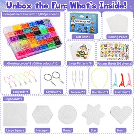 DazSpirit 10000 pcs Fuse Beads Kit, 36 Colors Glow in The Dark Bead Glitter Bead with Pegboards, Ironing Paper, Tweezers, Pattern, Lanyards, Hair Pins, Hair Band, Fuse Beads Kids Arts and Crafts