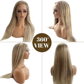 22 Inch Ombre Lace Front Wig Human Hair 13x4 Straight Highlight Lace Front Wig Human Hair #8T18/60 Ash Brown to Blonde HD Lace Closure Wigs for Women 150% Density Pre Plucked Hairline