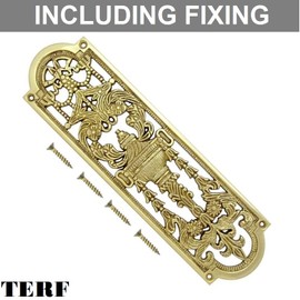 TERF® 225mm X 70mm Antique Solid Brass Fancy Finger Plate 225mm X 70mm (9'' X 2.76'') Door Push Plate Fancy Finger Plate Including Fixing Screw - Pack of 2