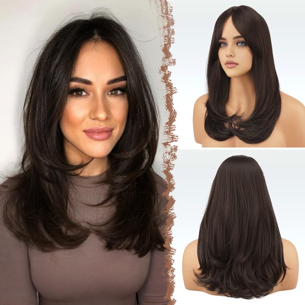 FESHFEN Brown Wigs with Bangs, Synthetic Natural Looking Long Layered