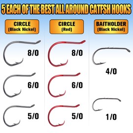 Catfish Hook Set Offset Octopus Circle & Baitholder Hooks 100-Pack Assorted Sizes 8/0 to 2/0 –Fishing Accessories (Catfish Hook Set -100 Pack Assorted)