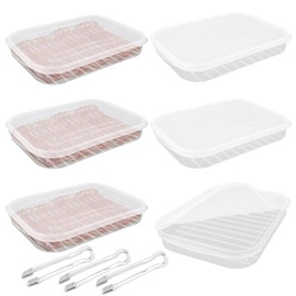 SHUESS 6 Pack Bacon Keeper for Refrigerator, Plastic Deli Meat Saver with Lids Airtight, Cold Cuts Storage Containers for Fridge, Food Shallow Low Christmas Cookie Holder with 3 Pcs Serving Tongs