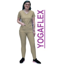 ANGIE UNIFORMS YOGAFLEX Jogger Scrubs for Women Set. Regular and PETITE. Side Spandex 2 Pockets Top with Yoga Waist Joggers. PETA410 (KHAKI, XL PET)