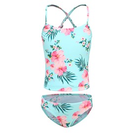 Moon Tree Girls Two Piece Bathing Suit Hawaiian Floral Tankini Swimsuits Kids Swimwear Set Floral Size 14/12-14