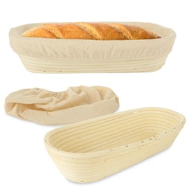 WOPPLXY 2 Pcs 13.8 Inch Baguette Banneton Bread Proofing Basket Banneton Bread Baking Baskets with Linen Liner Oval Long Bread Proofing Basket Dough Proofing Basket for Home Bake, Bakers Supplies