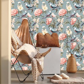 MuralPeel Vintage Blue Pink Peony Floral Bird Peel and Stick Wallpaper Easy Peel Off Self Adhesive Removable Stick on Wall Paper for Kitchen Renter Friendly