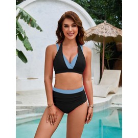 BMJL - Conjunto de bikini de cintura alta para mujer, traje de baño de dos piezas con control de abdomen, Negro y azul, Large