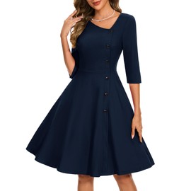 Aupuls Spring Wedding Guest Dresses 2025 Women's Wear to Work Dress for Cocktail 60s Retro for Grandma Gift Vintage 1950s Swing Outfit Midi Flare Navy L