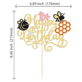 Paquete de 1 decoración para tartas de feliz día de abeja, abejorro, feliz cumpleaños, decoración para tartas con temática de abeja, baby shower, niños, niñas, fiesta de cumpleaños, decoración de pasteles, color dorado