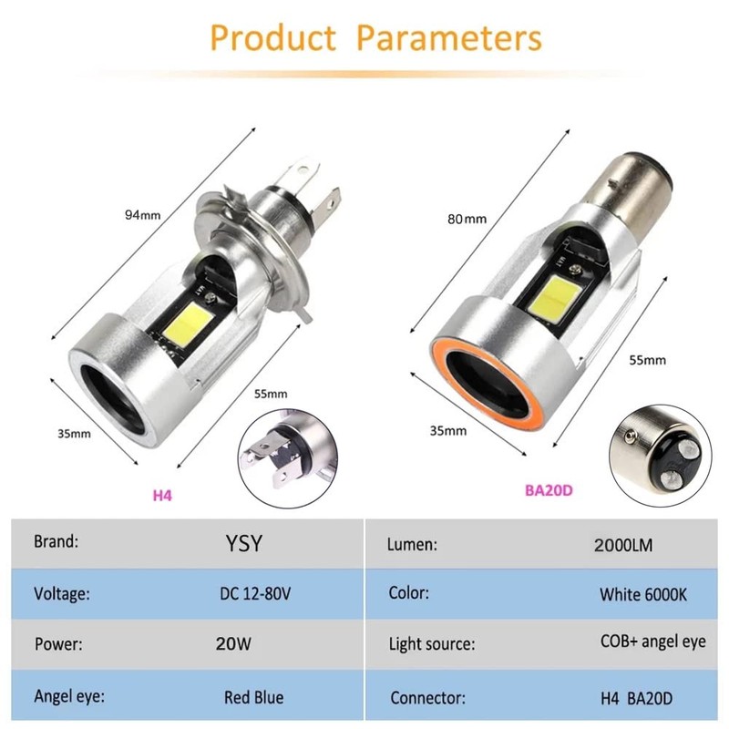 YSY BA20D LED Motorcycle Headlight Bulb Hi/Lo Beam 20W 2000LM