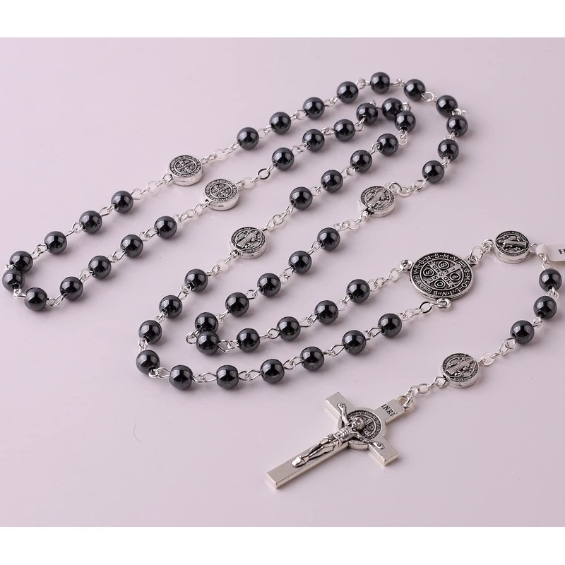 HanlinCC 6mm Hematite Stone Black Beads Catholic Saint Benedict Rosary