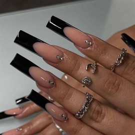 Enppode French Tip Press on Nails Long Acrylic Nails Black Fake Nails Coffin Nails with Rhinestones