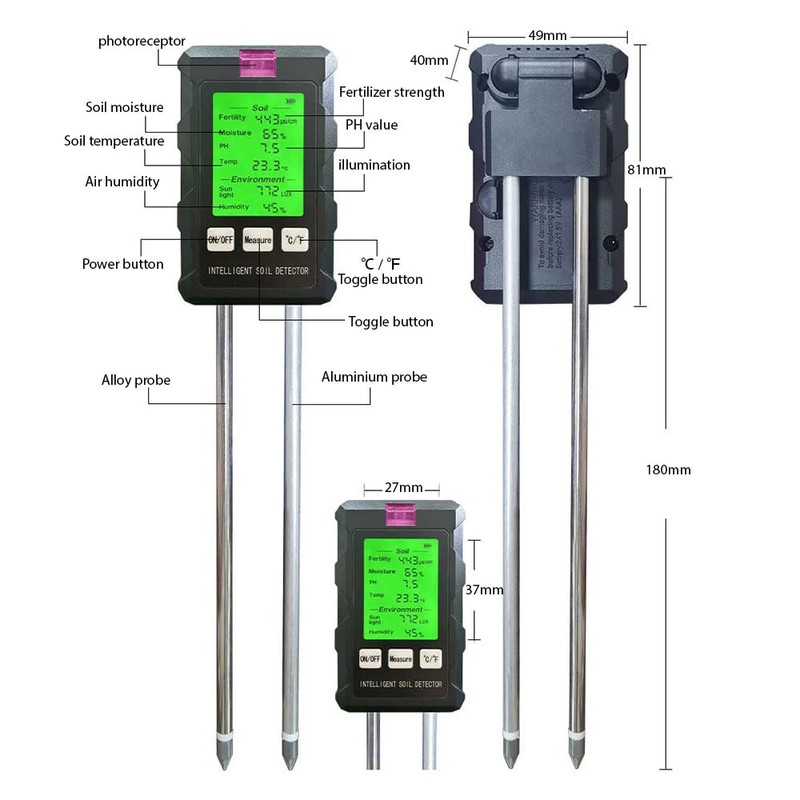 Splenssy Soil Moisture Meter 6-in-1 Soil Ph Meter Moisture/Fertility/pH/Temperature/Humidity/Light 90-Degree