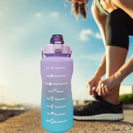 2L 67oz Water Bottle with Motivational Time Marker with Straw Frosted Plastic Reusable Leakproof Drop Resistant and Drink Bottle for Fitness Gym Sports Workout (Purple)