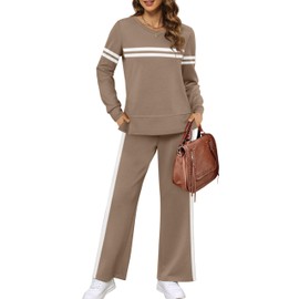 XIEERDUO 2 Piece Outfits for Women 2 PC Lounge Sets Fall Long Sleeve Travel Tracksuit Winter Trendy Crewneck Vacation Sweatsuit Airport Loungewear Women's Side Slit Track Suit Khaki M