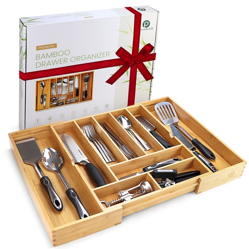 Pristine Bamboo Silverware Organizer - Expandable Kitchen Drawer Organizer -