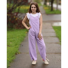Rolanko Girls' Spaghetti Sleeveless Jumpsuit, Loose Fit, Cotton, Summer Leisure Suit, Jumpsuit for Ages 5-12 Years, purple