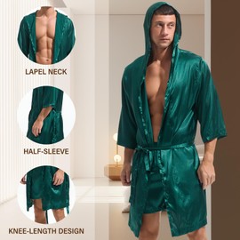 Amy Coulee Mens Satin Robe Set Lightweight Bathrobes with Shorts Silky Half Sleeve Pajamas Robes with Hooded (Dark Green, S)